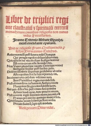 Liber de triplici regione claustralium et spirituali exercitio Monachorum