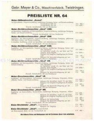 Preisliste Nr. 64 über Dreschmaschinen