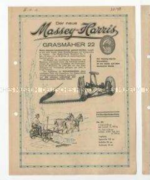 Grasmäher von der Firma Massey-Harris und Co. in Kanada