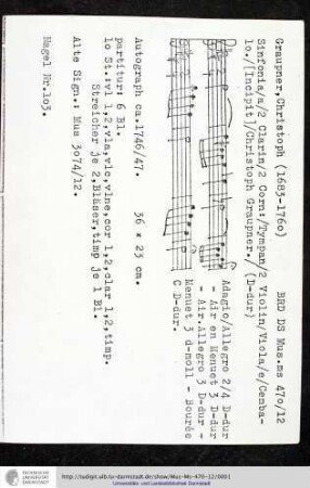 Sinfonia / a / 2 Clarin / 2 Corn: / Tympan / 2 Violin / Viola / e / Cembalo. / [Incipit] / Christoph Graupner.