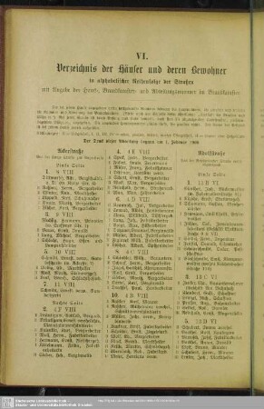 VI. Häuserbuch : VI. Verzeichnis der Häuser und derer Bewohner in alphabetischer Reihenfolge der Straßen