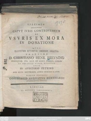 Specimen Continens Capvt Ivris Controversvm De Vsvris Ex Mora In Donatione