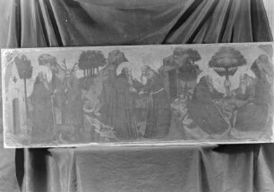 Zwei Tafeln mit Szenen aus dem Leben heiliger Einsiedler — Die Begegnung des heiligen Antonius Abbas mit dem mythologischen Monster, seine Begegnung mit dem heiligen Paulus Eremita, die wunderbare Mahlzeit der beiden