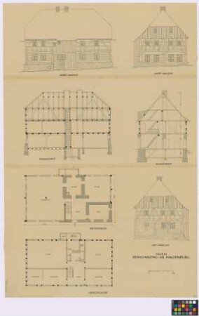 Reimswaldau (Landkreis Waldenburg): Haus. Haupthaus (Nord-Seiten-Ansicht, West-Giebel-Ansicht, Längsschnitt, Querschnitt, Ost-Giebel-Ansicht, Grundriss des Erdgeschosses, Grundriss des Obergeschosses)