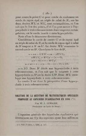 Solution de la question de mathématiques spéciales proposée au concours d'agrégation en 1894.