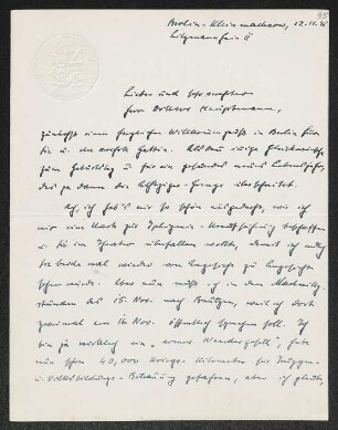 Brief von Paul Eipper an Gerhart Hauptmann