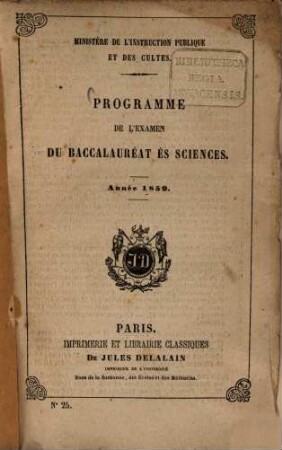 Programme de l'examen du baccalauréat ès sciences : Année 1859