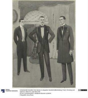 Drei Herren in eleganter Gesellschaftskleidung: Frack, Smoking und Gehrock