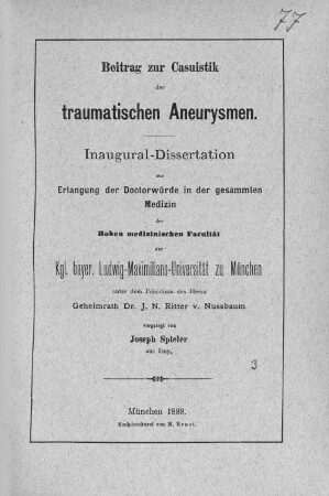 Beitrag zur Casuistik der traumatischen Aneurysmen : Inaugural-Dissertation