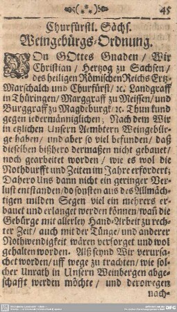 Churfürstl. Sächs. Weingebürgs-Ordnung.