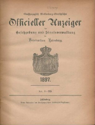 1897: Großherzoglich-Mecklenburg-Strelitzscher offizieller Anzeiger für Gesetzgebung und Staatsverwaltung im Fürstentum Ratzeburg