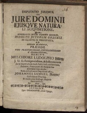 Disputatio Iuridica De Iure Dominii Eiusque Naturali Acquisitione