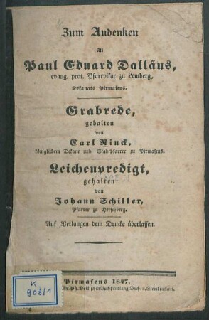 Zum Andenken an Paul Eduard Dalläus : evang. prot. Pfarrvikar zu Lemberg, Dekanats Pirmasens