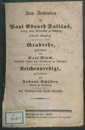 Zum Andenken an Paul Eduard Dalläus : evang. prot. Pfarrvikar zu Lemberg, Dekanats Pirmasens