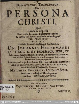 Disputatio theologica de persona Christi