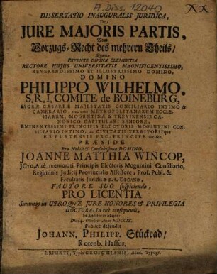 Dissertatio Inauguralis Iuridica, De Iure Maioris Partis : = Vom Vorzugs-Recht des mehrern Theils
