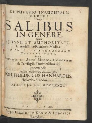 Disputatio Inauguralis Medica De Salibus In Genere