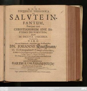 Disquisitio Theologica De Salute Infantum, Praecipue vero Christianorum Sine Baptismo Decedentium