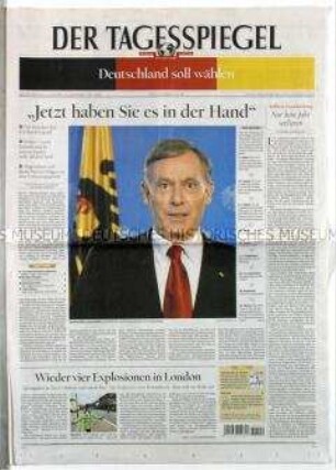 Berliner Tageszeitung "Der Tagesspiegel" zur Auflösung des Bundestages durch den Bundespräsidenten