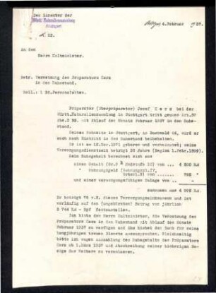 Versetzung des Präparators (Oberpräparator) Joseph Kerz in den Ruhestand