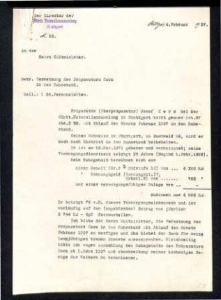 Versetzung des Präparators (Oberpräparator) Joseph Kerz in den Ruhestand