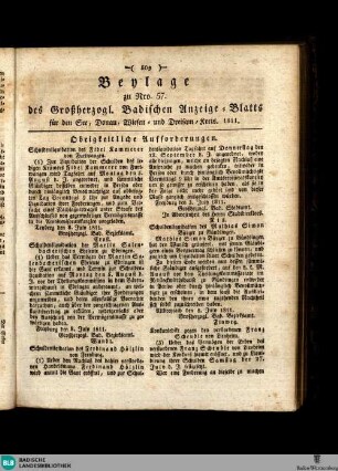 Großherzoglich Badisches Anzeige-Blatt für den See-, Donau-, Wiesen- und Dreisam-Kreis, Beylage des Großherzogl. Badischen Anzeige-Blatts für den See, Donau, Wiesen und Dreisam-Kreis