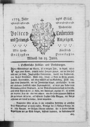 25tes Stück, Ausgabe vom 23. Junii 1773