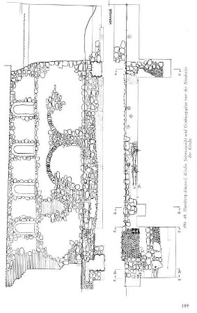 Abb. 48. Hamburg-Sinstorf. Kirche. Seitenansicht und Grabungsplan von der Nordseite der Kirche