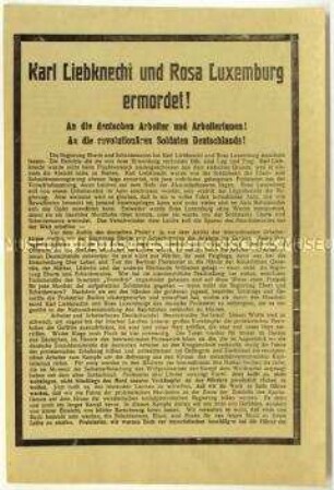 Flugblatt der KPD zur Ermordung von Karl Liebknecht und Rosa Luxemburg und gegen die Reichsregierung