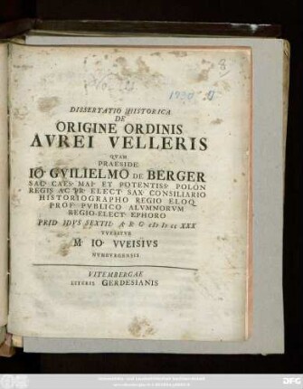 Dissertatio Historica De Origine Ordinis Avrei Velleris
