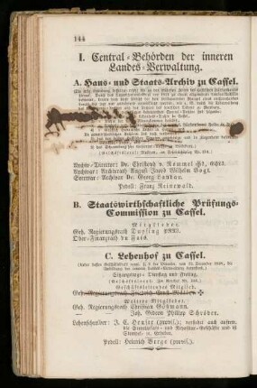 I. Central=Behörden der inneren Landes=Verwaltung.