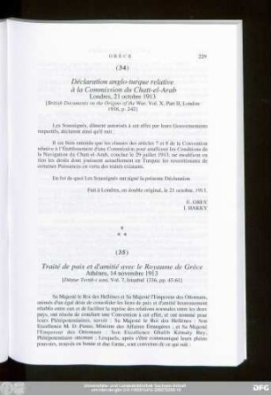 (35) Traité de paix et d'amitié avec le Royaume de Grèce Athènes, 14 novembre 1913