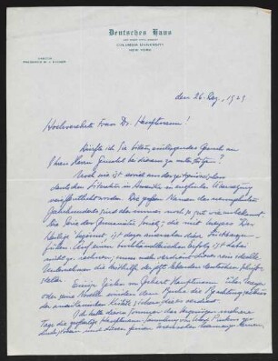 Brief von Frederick W. J. Heuser von Columbia University / Deutsches Haus  an Margarete Hauptmann