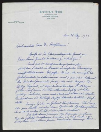 Brief von Frederick W. J. Heuser von Columbia University / Deutsches Haus <New York, NY> an Margarete Hauptmann