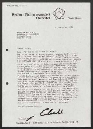 Brief an Peter Stein, 07.09.1994