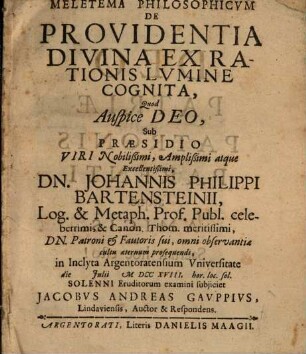 Meletema philos. de providentia divina ex rationis lumine cognita