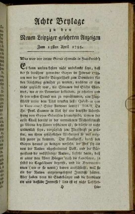 Achte Beylage zu den Neuen Leipziger gelehrten Anzeigen. Zum 15ten April 1795.