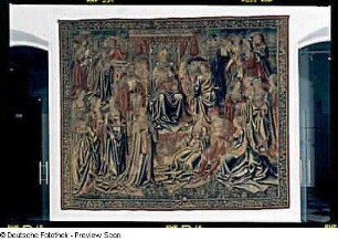 Danae fleht ihren Vater Akrisius an, den kleinen Perseus am Leben zu lassen (Bildteppich)