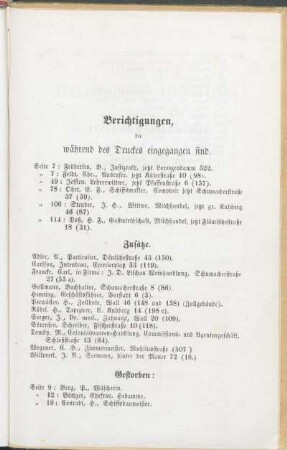 Berichtigungen die während des Druckes eingegangen sind. Zusätze. Gestorben
