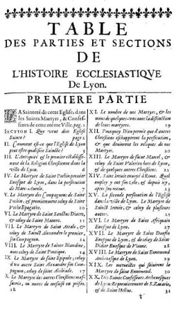Table Des Parties Et Sections De L'Histoire Ecclesiastique De Lyon.