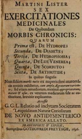 Sex exercitationes medicinales de quibusdam morbis chronicis