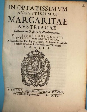 In optatissimum Margaritae Austriacae hisp. Reginae adventum ... oratio