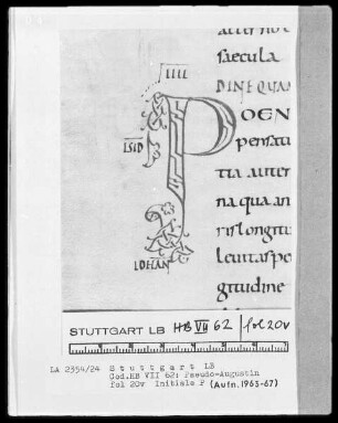Quadripartitus (Sammlung von Patresexerpten und Kanones in vier Büchern) — Initiale P, Folio 20verso