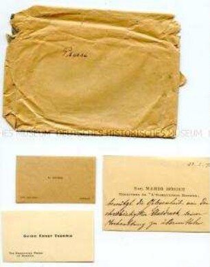Umschlag mit 38 Visitenkarten aus dem Büro des Reichskanzlers Wilhelm Marx, Umschlag mit eigenhändiger Aufschrift "Presse" - Sachkonvolut