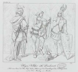 Hagen, Volcker und Dankwart : Hagen, Volcker und Dankwart. Lithographie; 21,8 x 27,3 cm. 1829