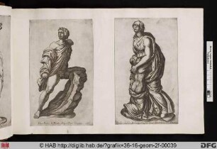 Rechts: Statue von Niobe, die eine ihrer Töchter im Schoß hält.