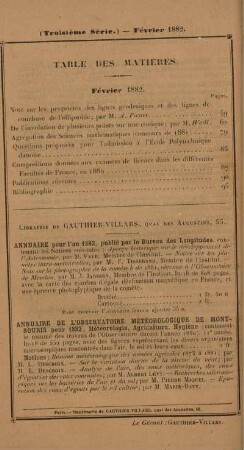 Table des matières. Février 1882.