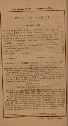 Table des matières. Février 1882.