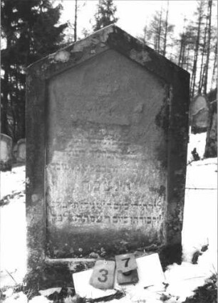 Grabstein 37 (Index: 99608721) Material: Sandstein Zustand: sehr stark verwittert mit großem Textverlust Maße HxBxT: 110x62x12 cm Beschreibung: Stele mit Spitzgiebel, vertiefter Textteil in gleicher Form: Grabstein 37