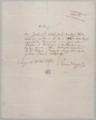 Richard Wagner (1813-1883) Autographen: Brief von Richard Wagner an Ernst Wilhelm Fritzsch - BSB Autogr.Cim. Wagner, Richard.49